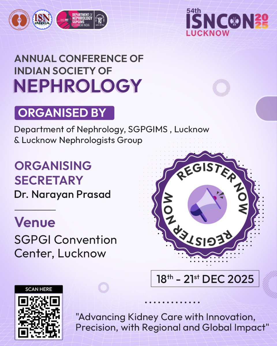 Isncon25's tweet image. Registrations Now Open!
Join us at ISNCON 2025 β Indiaβs premier nephrology conference happening from 18th to 21st December 2025 at the Convention Centre, SGPGIMS, Lucknow.
πSave the dates & click the link below to register now!
isncon2025.com/registration
#ISNCON2025 #Nephro