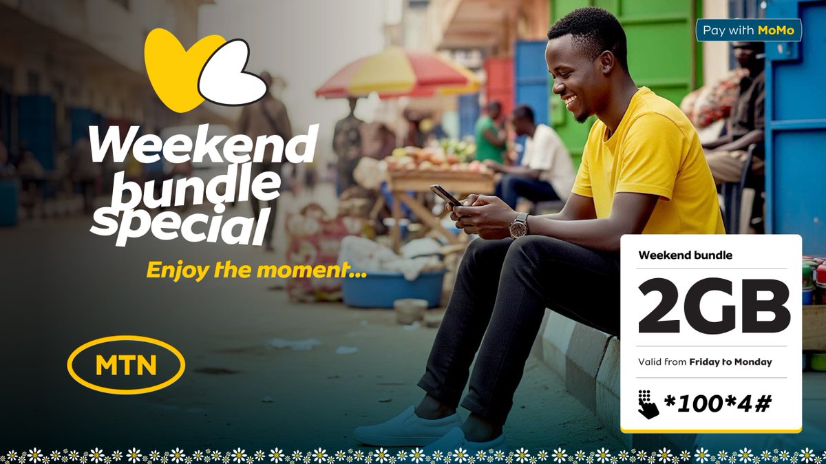 MTNSSD's tweet image. Your weekend, your rules! 💥 Get 2GB from Friday to Monday with MTN’s Weekend Bundle. Dial *100*4# &amp;amp; pay with MoMo. Stay streaming &amp;amp; scrolling! 🔥📱 

#MTNWeekendVibes #MoMoPower