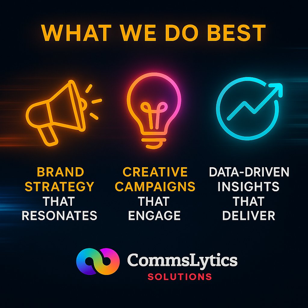 CommsLytics's tweet image. Here’s what we do best:
📣 Brand Strategy that resonates
💡 Creative Campaigns that engage
📈 Data-Driven Insights that deliver
At CommsLytics, we don’t guess—we execute with purpose.
#MarketingStrategy #CreativeComms #CommsLytics