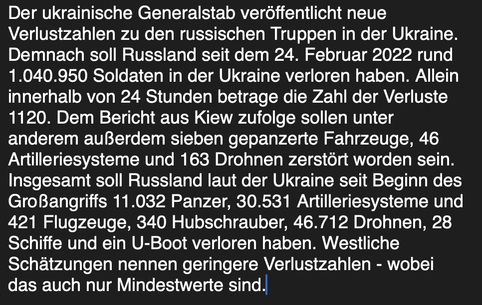 twidderix's tweet image. + Ukraine veröffentlicht Zahlen zu russischen Verlusten +
Quelle: NTV
Irgendwann sind auch die größten Speicher leer. Und der Verlust an jungen Männern ist auch nicht unerheblich! Lange sollte das nicht mehr gutgehen für Russland.