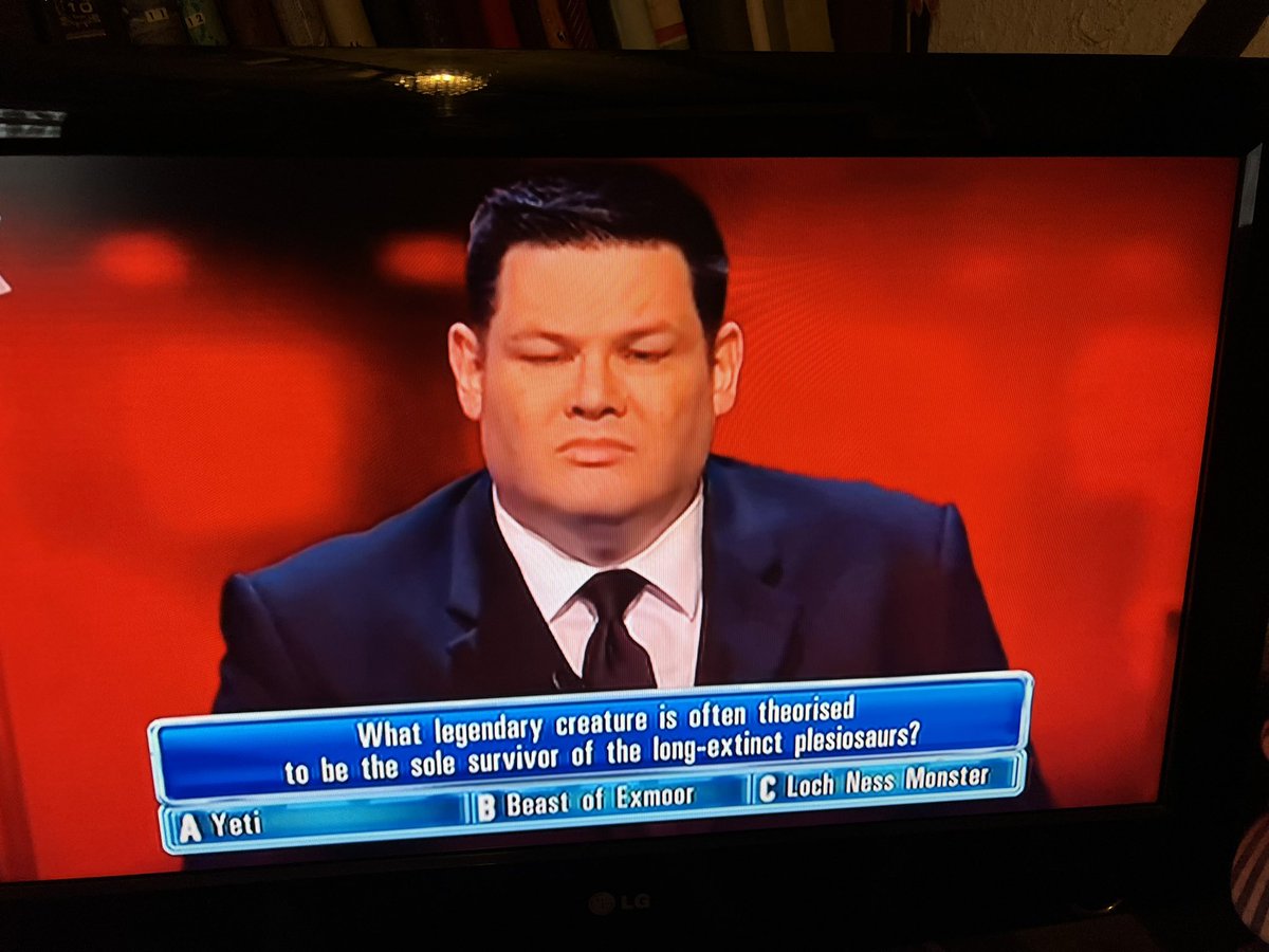 A question on The Chase gameshow just now 👣 🐈‍⬛ 🦕

<a href="/ITVChase/">The Chase</a> <a href="/MarkLabbett/">Mark Labbett</a> 
#Cryptid #Cryptozoology #Yeti #BeastOfExmoor #LochNessMonster