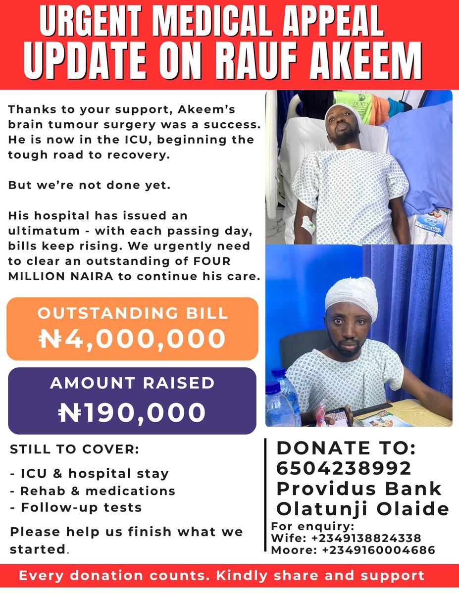 SaveAkeemRauf's tweet image. As you all continue to show commitment to winning this battle with Akeem Rauf, may Almighty God grant us victory in all the battles of our lives. 

We remain committed to ensuring our brother recovers fully after his successful brain surgery at Duke Hospital, Lagos.

#Diaspora