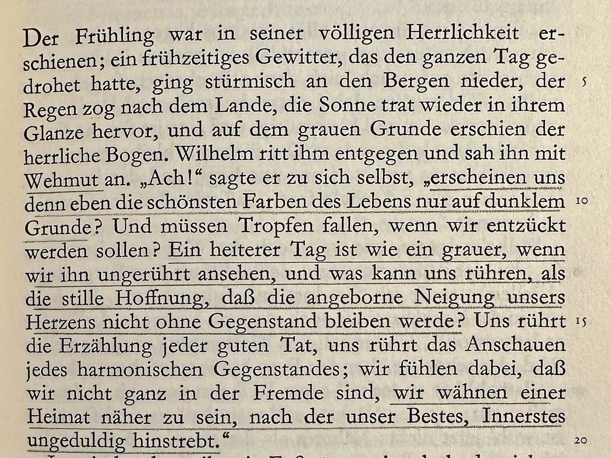 Der Frühling in seiner völligen Herrlichkeit erschienen, die schönsten Farben des Lebens auf dunklem Grunde und die Heimat, nach der unser Bestes, Innerstes ungeduldig hinstrebt in #Goethe|s "Wilhelm Meisters Lehrjahre"

#Literatur #Bildungsroman #WeimarerKlassik