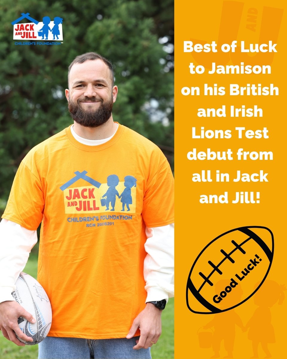 Team Jack and Jill is delighted to be cheering on our fantastic ambassador Jamison Gibson Park as he starts today for the British and Irish Lions in the first test against Wallabies 😃🏉

Congratulations on your selection, Jamison – go well! 🧡👍

#Teamjackandjill #RugbySupport