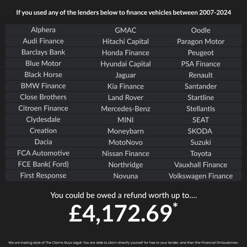 RefundoUK's tweet photo. If you've ever leased or bought vehicles using PCP or HP car finance between the years of 2007-2024 you could be owed £4,172.69*