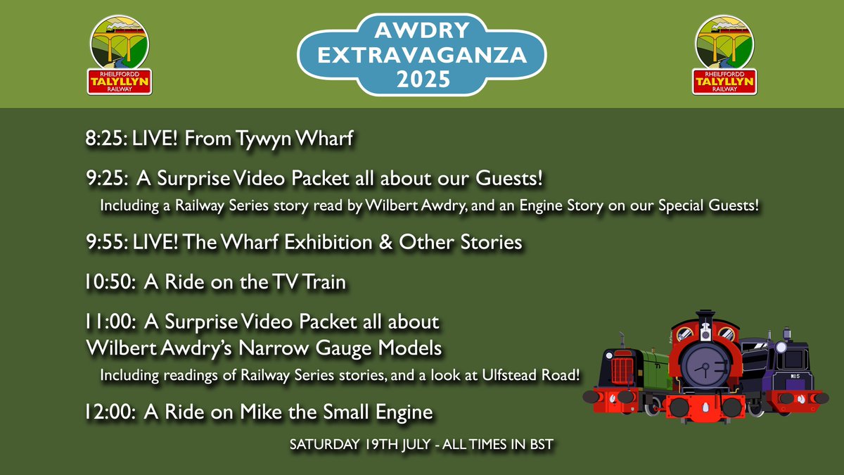 TalyllynRailway's tweet image. Live in 25!
The Awdry Extravaganza Saturday Livestream will be running all day - here’s what you can expect over the next few hours!
Watch the Livestream 👉 youtube.com/live/5YROKzV-r…