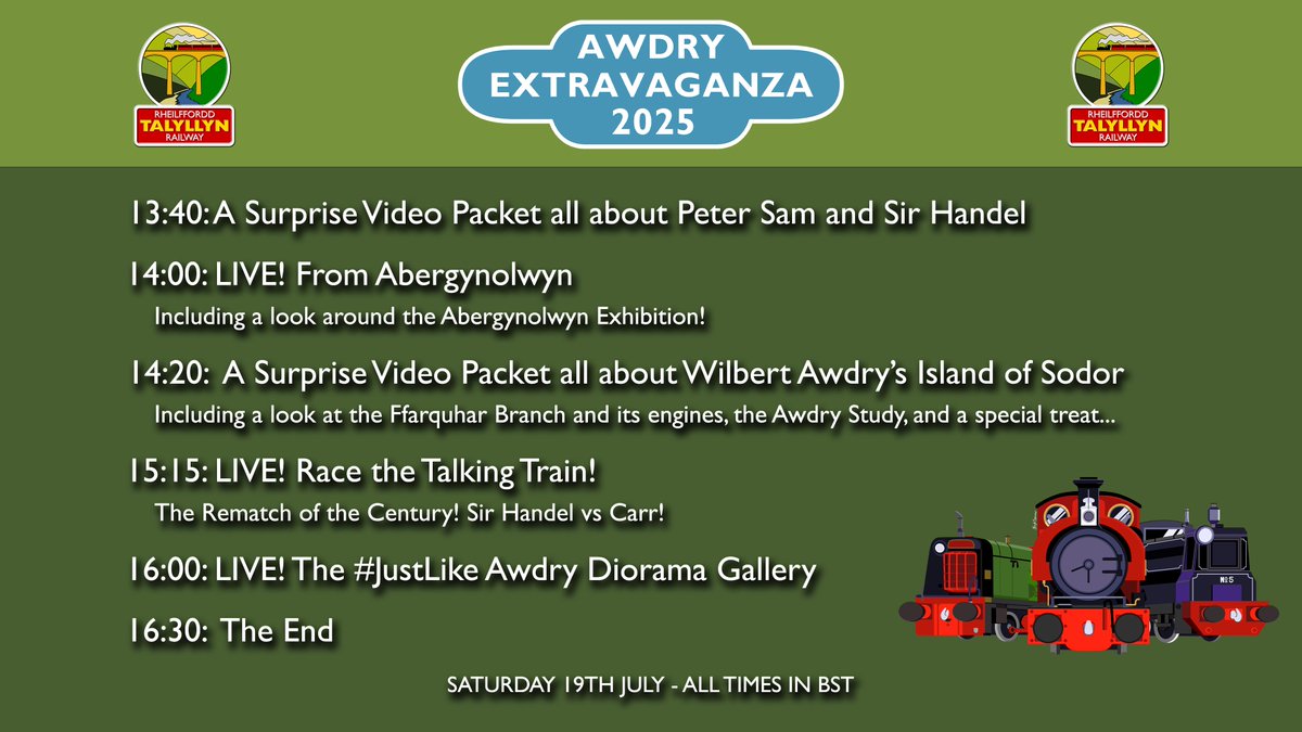 TalyllynRailway's tweet image. Live in 25!
The Awdry Extravaganza Saturday Livestream will be running all day - here’s what you can expect over the next few hours!
Watch the Livestream 👉 youtube.com/live/5YROKzV-r…