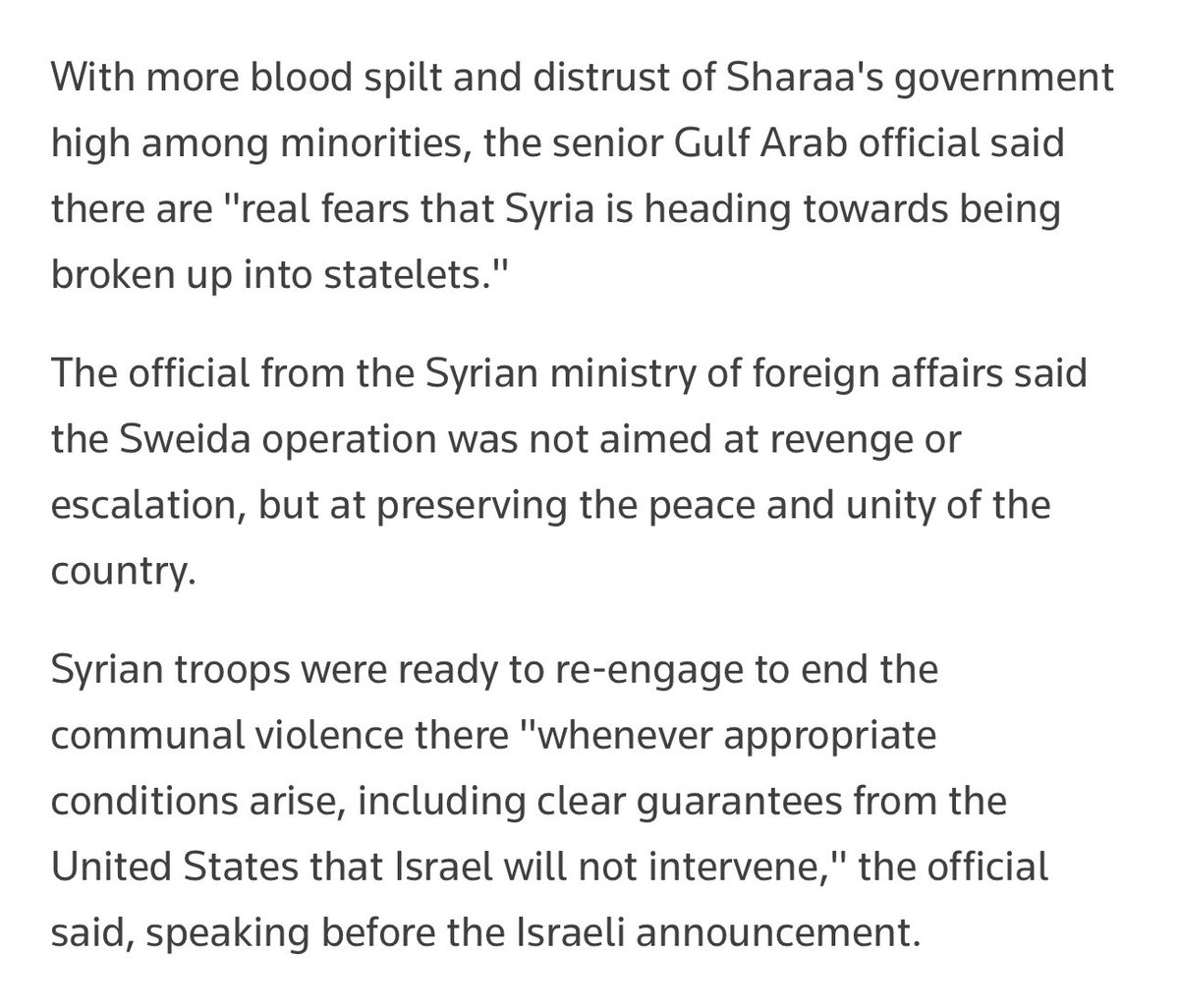 timourazhari's tweet image. Syria’s leadership this week had understood they could deploy troops to Sweida based on U.S. messaging that turned out “not to reflect reality”.
Then, killings & humiliation of Druze — which followed an attack on govt forces — handed Israel an opportunity to act forcefully, a…