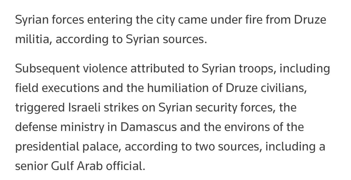 timourazhari's tweet image. Syria’s leadership this week had understood they could deploy troops to Sweida based on U.S. messaging that turned out “not to reflect reality”.
Then, killings & humiliation of Druze — which followed an attack on govt forces — handed Israel an opportunity to act forcefully, a…