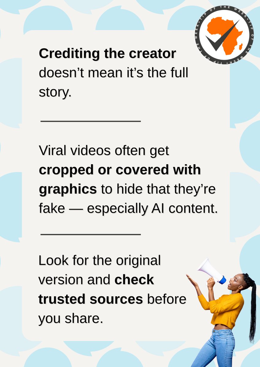 Think that viral video looks a little too perfect? 👀

Sometimes what’s left out tells you more than what’s shown.

📲 Always dig deeper before hitting share.

#TipOfTheWeek #FactCheck #AIcontent