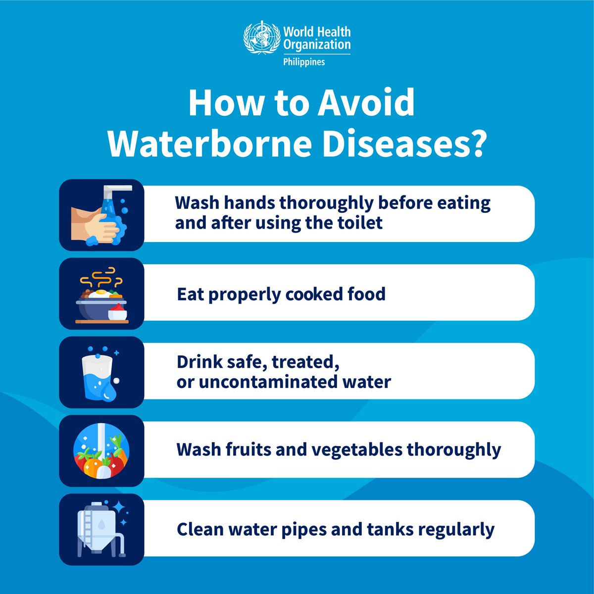 WHOWPRO's tweet image. Waterborne diseases are caused by viruses and bacteria that enter the body through contaminated water or animal urine and faeces. They are more common during the rainy season. 🌧️
Know the symptoms of waterborne diseases and the ways we can #StaySafe from them. 👇