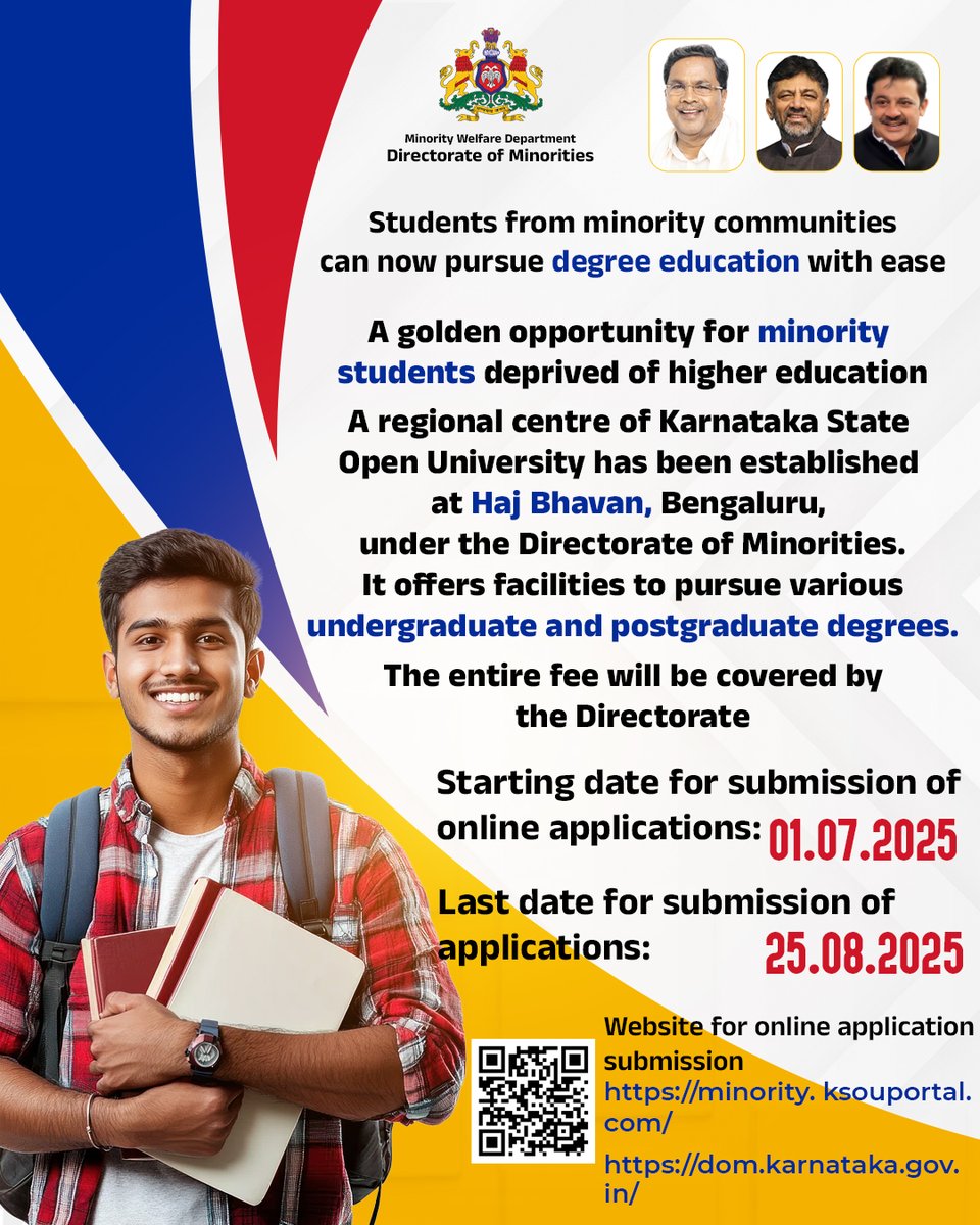 Minority students can now pursue UG &amp; PG courses at Karnataka State Open University – Regional Centre, Haj Bhavan, Bengaluru – with 100% FREE education!
Apply Online:
Last Date: 25 August 2025
Submit Applications: dom.karnataka.gov.in
<a href="/BZZameerAhmedK/">B Z Zameer Ahmed Khan</a> 
 #FreeEducation #KSOU