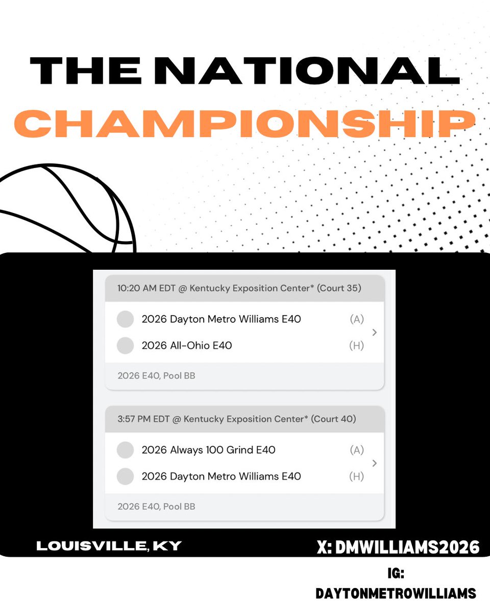 Dayton Metro Williams (@dmwilliams2026) on Twitter photo Come check us out!
Game 1: 10:20am, Court 35
Game 2: 3:57, Court 40
#daytonmetrobasketball
<a href="/DayMetroHoops/">Dayton Metro Hoops</a> <a href="/Elite40League/">Elite 40 League</a> Come check us out!
Game 1: 10:20am, Court 35
Game 2: 3:57, Court 40
#daytonmetrobasketball
<a href="/DayMetroHoops/">Dayton Metro Hoops</a> <a href="/Elite40League/">Elite 40 League</a>