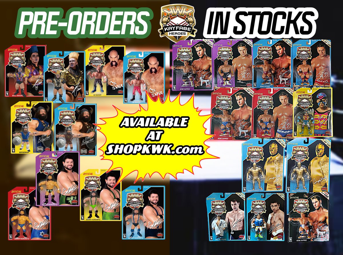 🔥 Pre-order Bull Nakano, Berzerker, Ox Baker &amp; Barry Horowitz now — Barry ships soon!
✅ In-stock: La Resistance, Los Conquistadores, Taka Michinoku, TJP &amp; Yoshi Tatsu.
Don’t miss these KWK Kayfabe Heroes!
👉 Shop now: ShopKWK.com
