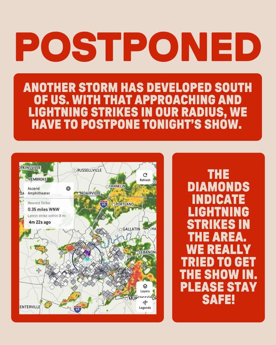 Ascend_amp's tweet image. Due to severe weather, tonight's The Head And The Heart show is postponed until a date TBD. We really tried to get the show in. Please get home safe!