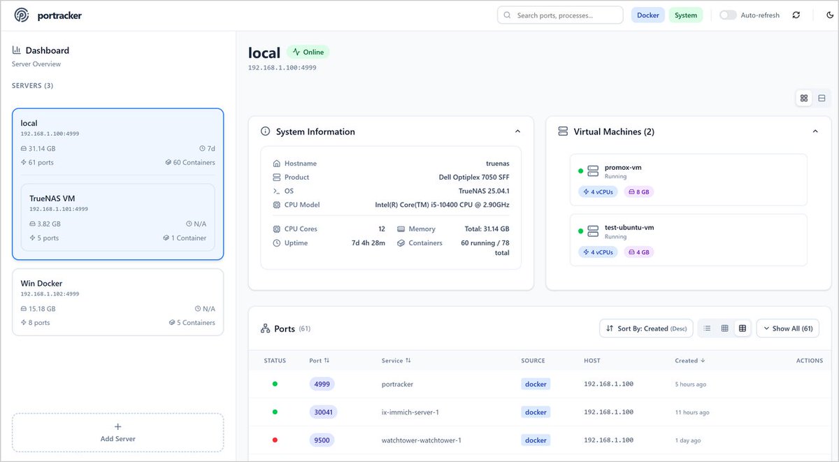 Portracker 能够自动检测服务器上运行的服务，并实时生成网络拓扑图，不再需要手动跟踪端口或处理部署冲突。