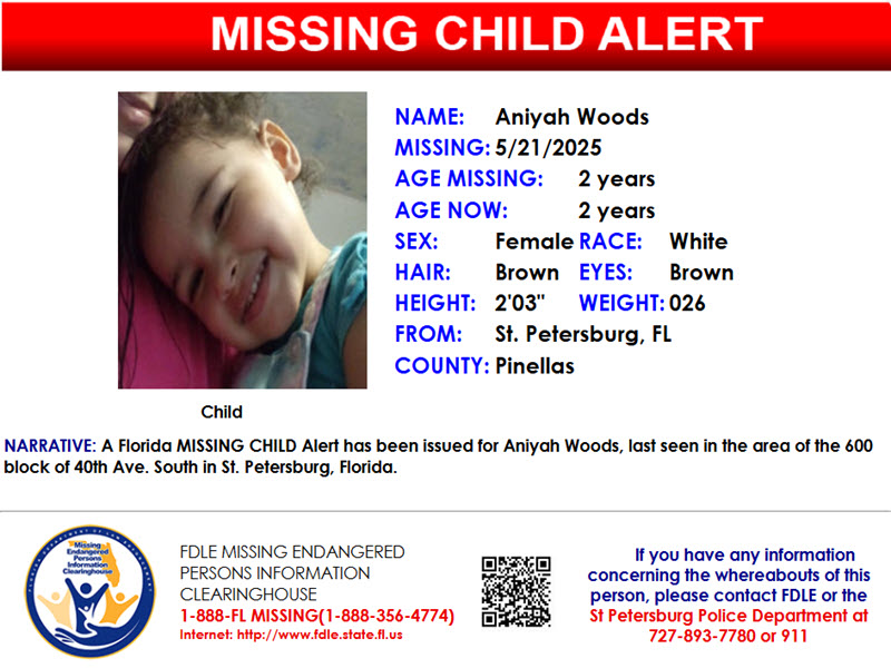 fdlepio's tweet image. 🚨PLEASE SHARE!🚨 A Florida MISSING CHILD Alert has been issued for Aniyah Woods, a white female, 2 years old, 2 feet 3 inches tall, 26 pounds, brown hair and brown eyes, last seen in the area of the 600 block of 40th Ave. South in St. Petersburg, Florida. If you have any…