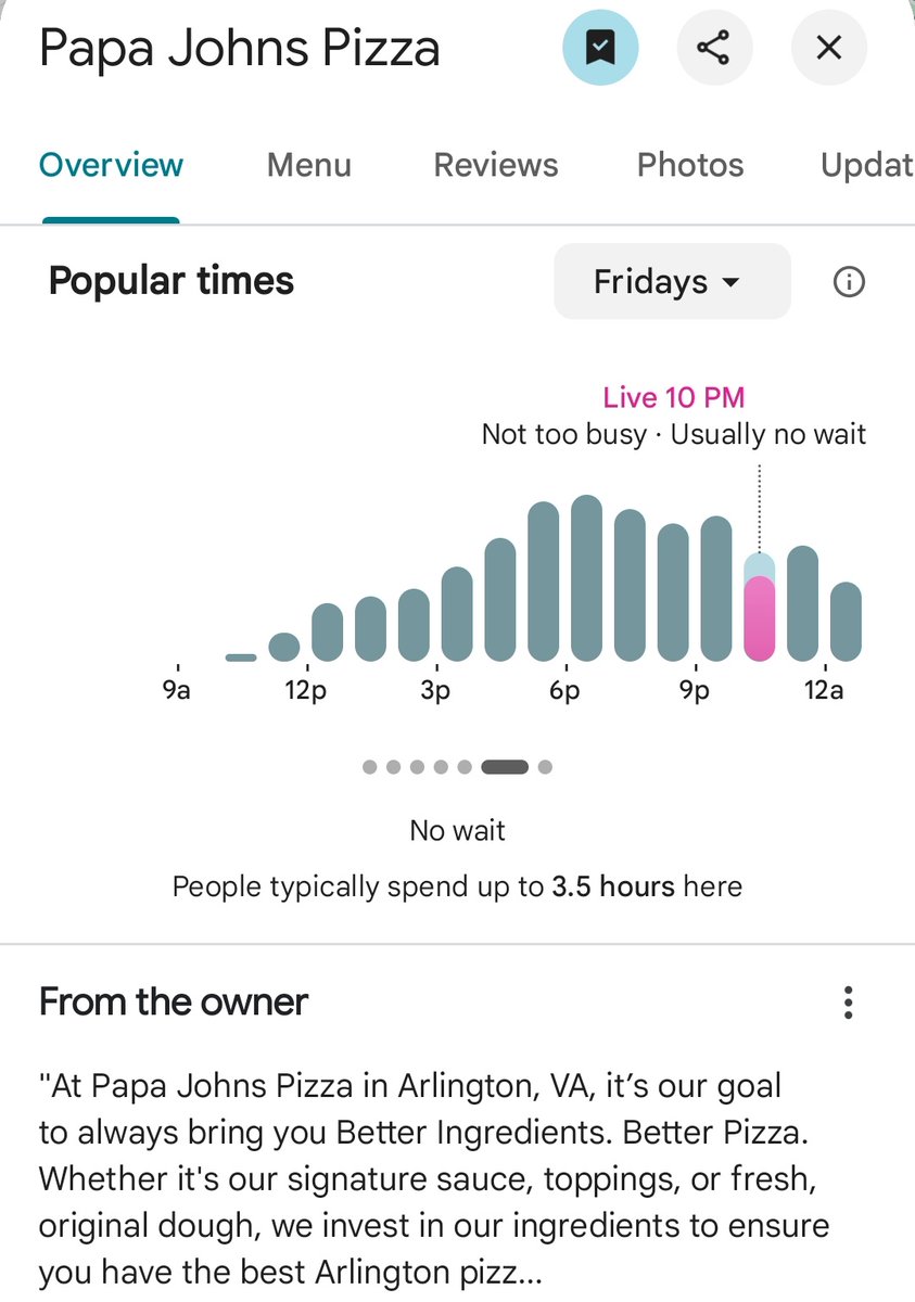 PenPizzaReport's tweet image. Abnormally low traffic for pizzerias nearby the Pentagon tonight.
As of 10:45pm ET