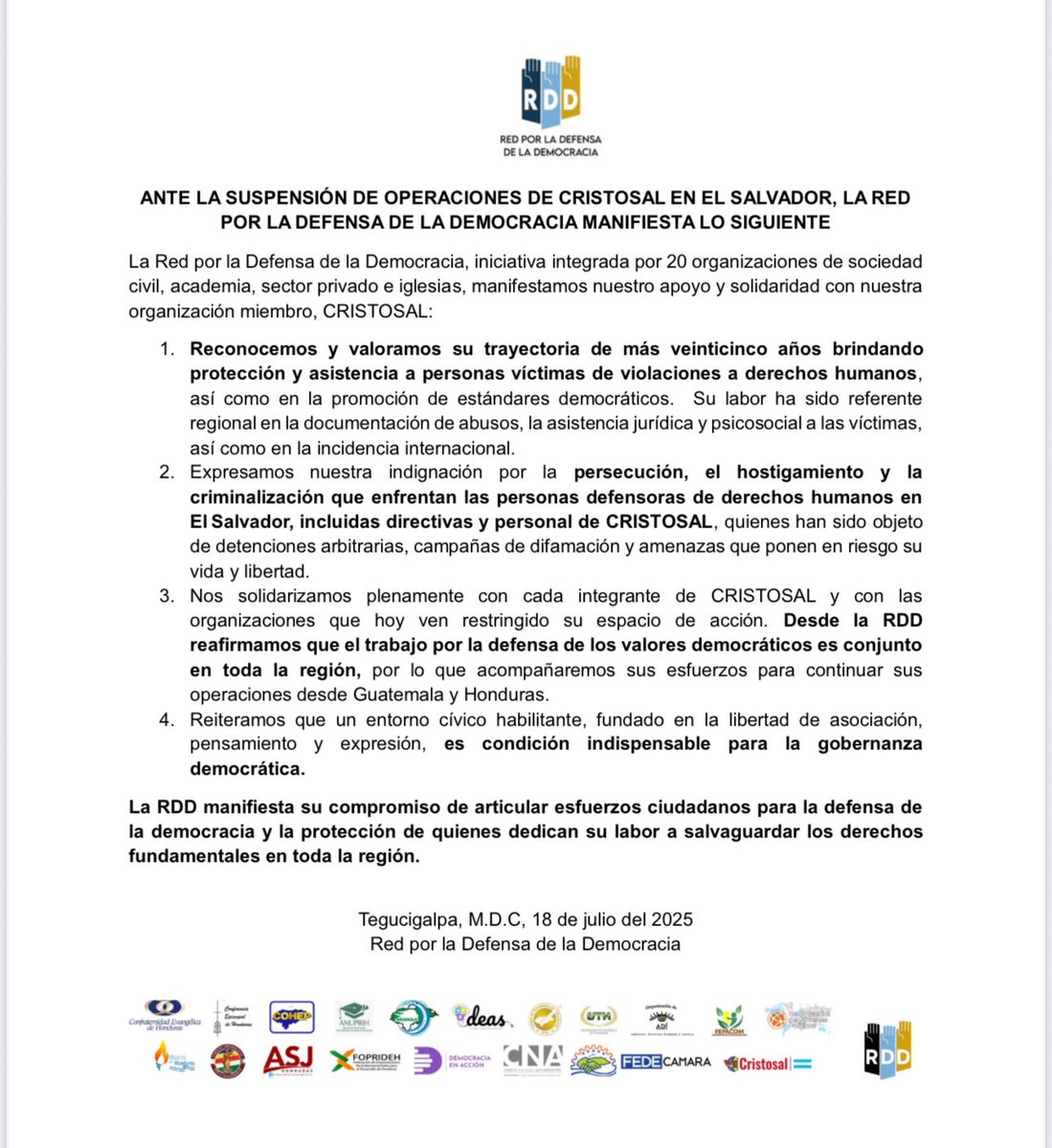 RDD_HN's tweet image. La #RDD se pronuncia ante la suspensión de operaciones de CRISTOSAL en El Salvador. Expresamos nuestra indignación por la persecución y criminalización que enfrentan defensores de DDHH. 

¡Nos solidarizamos con #CRISTOSAL y reafirmamos nuestro compromiso con la defensa de la
