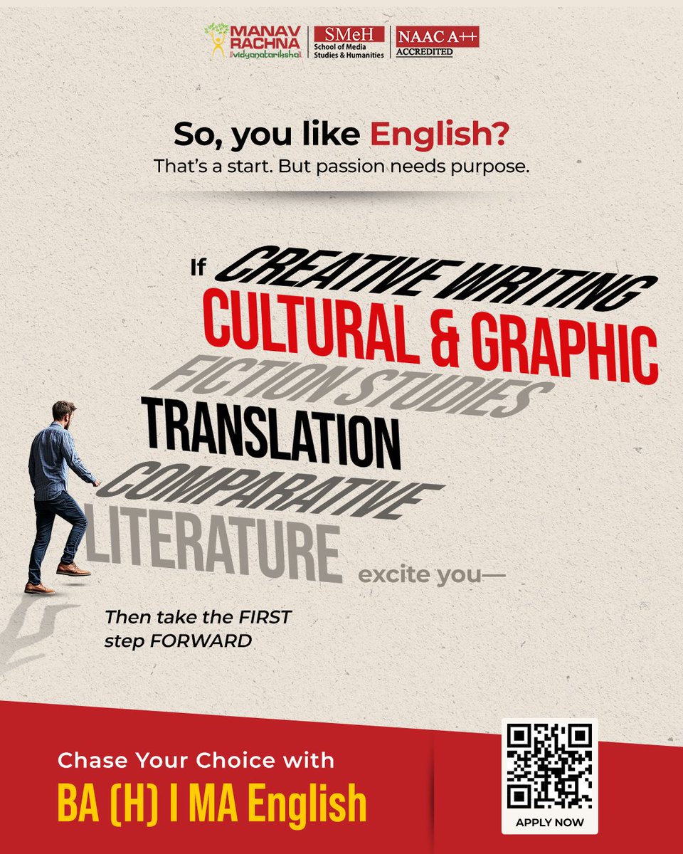 manav_rachna's tweet image. English isn’t just a subject—it’s storytelling, pop culture, translation &amp;amp; thought!

From creative writing to cultural studies, let curiosity lead.
Explore BA(H)/MA English @ManavRachna 🎓

🔗 Apply now: apply.manavrachna.edu.in
#ManavRachna #BAEnglish #MAEnglish #ChaseYourChoice