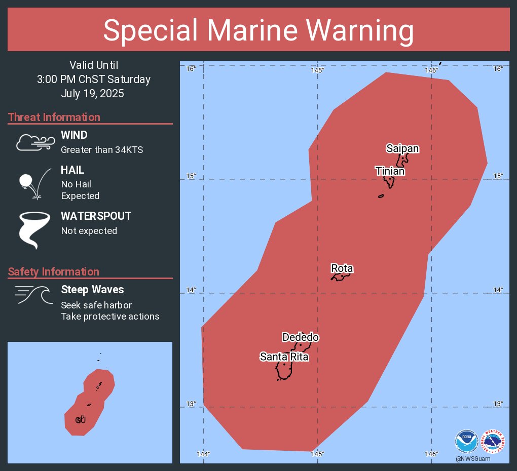 NWSGuam's tweet image. Special Marine Warning including the Guam Coastal Waters, Rota Coastal Waters, Saipan Coastal Waters and Tinian Coastal Waters until 3:00 PM ChST