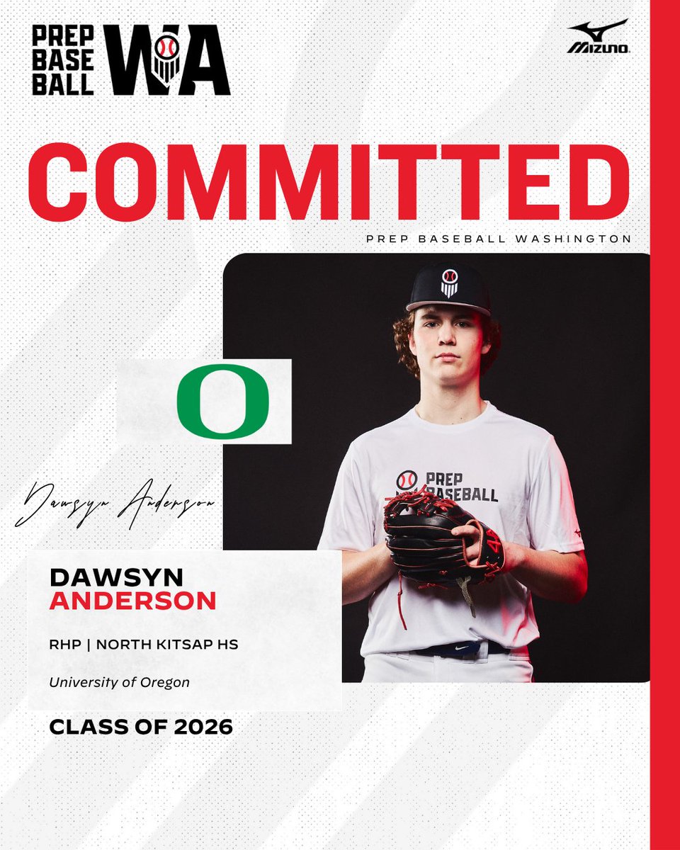 PrepBaseballWA's tweet image. ๐จ ๐๐๐๐๐๐๐๐๐๐ ๐๐๐๐๐๐ ๐จ
'26 RHP Dawsyn Anderson (North Kitsap) has committed to the University of Oregon #GoDucks
Full profile ๐๏ธ: loom.ly/oYNGRGg
Made a recent commitment? Let us know on your profile. Graphics are created once commitments are verified.