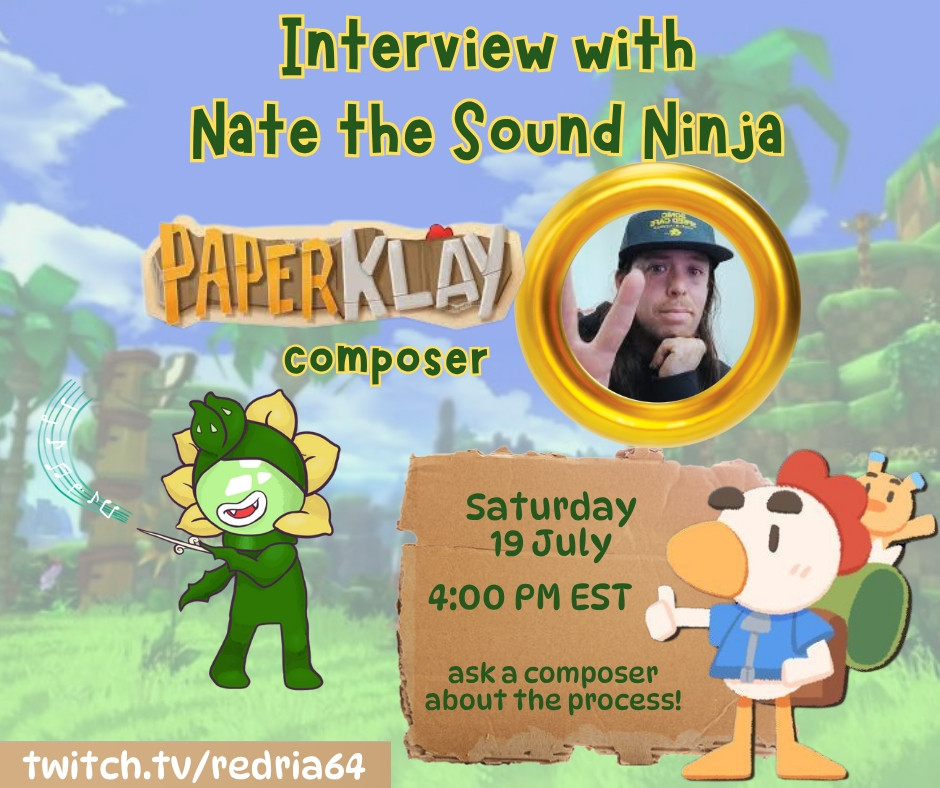 SoundNinjaNate's tweet image. I'll be chillin w/ Redria tomorrow at 1pm PDT (4pm EST) while they play @PaperKlay live. We'll be chatting about my process with the music & SFX for PK, as well as nerd out on all things music. Come on by!
#paperklay #gamecomposer #sounddesigner #IndieGameDev #interview #twitch