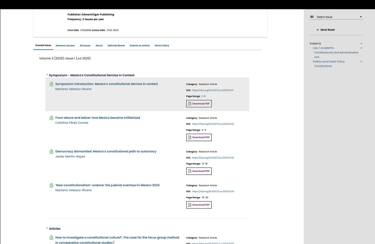 CompConStudies's tweet image. Volume 3.1 is out!! It starts with a symposium on Mexico's Constitutional Demise with contributions from Mariana Velasco Rivera, Catalina Pérez Correa, Javier Martin-Reyes.  And it's OPEN ACCESS for 1 month: elgaronline.com/view/journals/…
