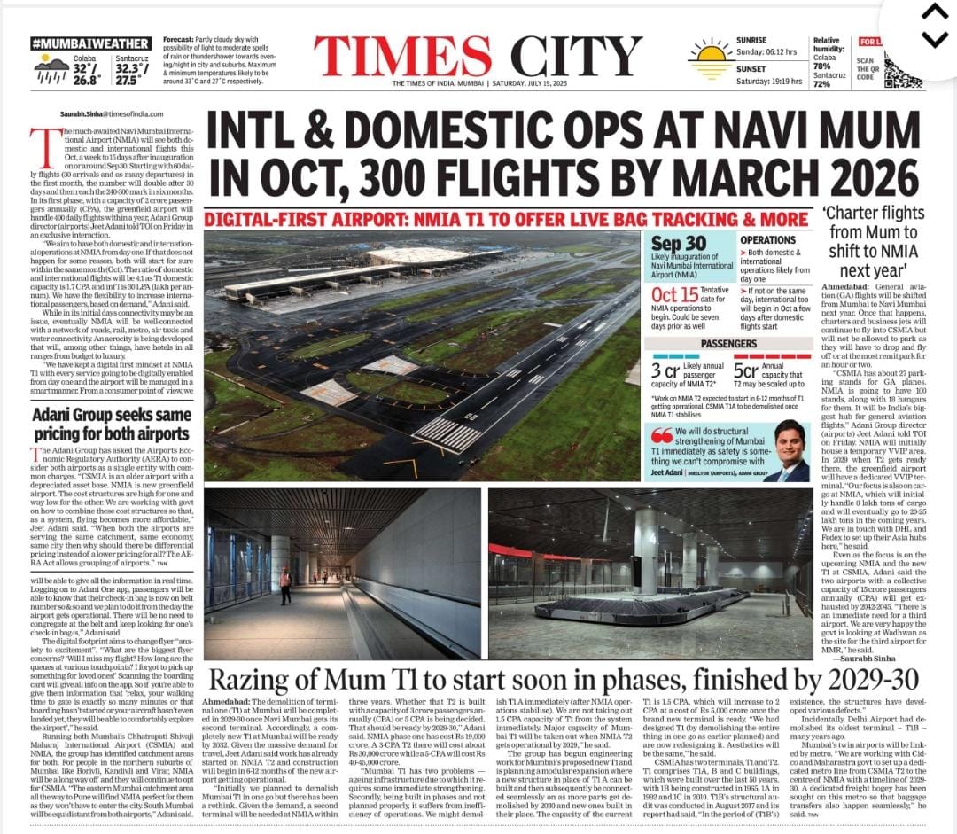 Saurabh Sinha (@27saurabhsinha) on Twitter photo Today TOI BOM edition:
"Aim to start dom, int’l ops frm Day 1 in Oct at <a href="/NMIA_Official/">Navi Mumbai International Airport</a>:" <a href="/jeet_adani1/">Jeet Adani</a>
* CSMIA T1 to b demolishd fully in 2029-30 aftr NMIA gets T2
*Asks AERA 2 treat CSMIA & NMIA as single airport for tariff
* GA ✈️to shift frm <a href="/CSMIA_Official/">Mumbai Airport</a> to NMIA next yr Today TOI BOM edition:
"Aim to start dom, int’l ops frm Day 1 in Oct at <a href="/NMIA_Official/">Navi Mumbai International Airport</a>:" <a href="/jeet_adani1/">Jeet Adani</a>
* CSMIA T1 to b demolishd fully in 2029-30 aftr NMIA gets T2
*Asks AERA 2 treat CSMIA & NMIA as single airport for tariff
* GA ✈️to shift frm <a href="/CSMIA_Official/">Mumbai Airport</a> to NMIA next yr