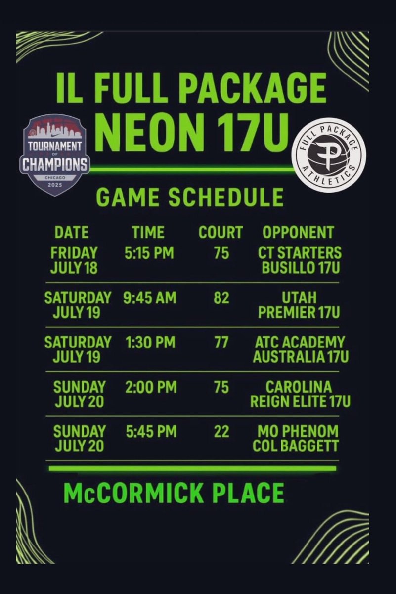 Excited to get back on the court this weekend at TOC in Chicago! Here is my schedule playing with 17u