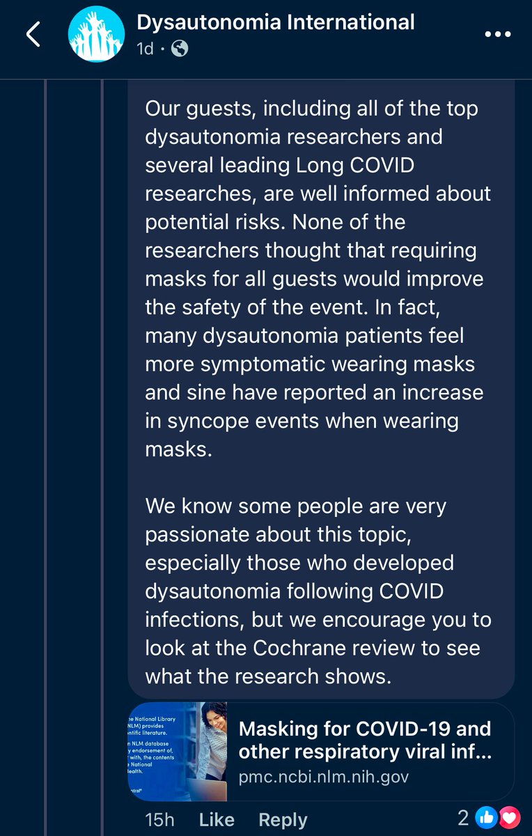 Covid has caused an increase in patients with Dysautonomia, a condition which destroyed my quality of life

Yet at Dysautonomia International’s big fundraiser, there was no mask requirement

Worse, they’re publicly stating masks don’t work &amp; quoting the debunked Cochrane study