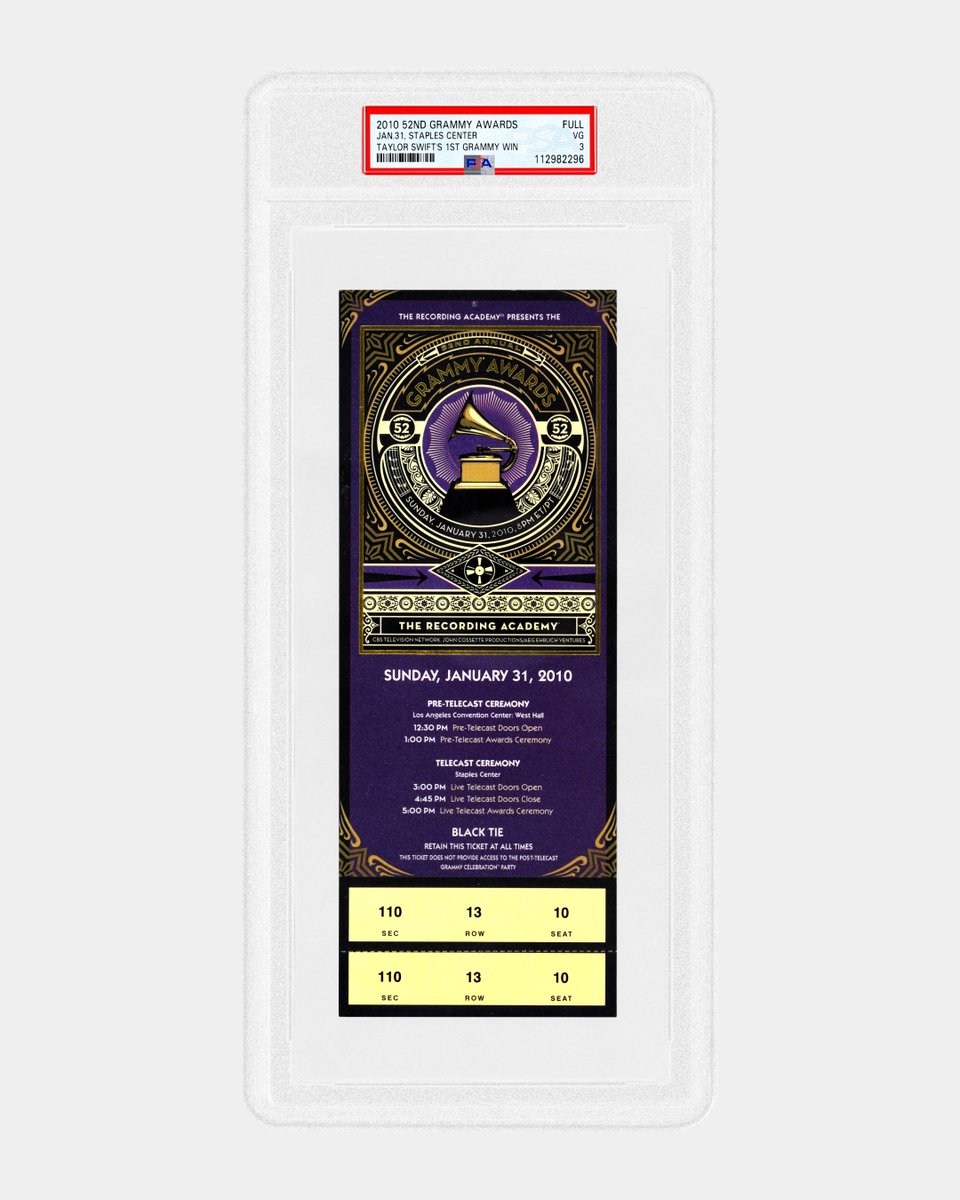 PSAcard's tweet image. Calling all #Swifties, we just graded this ticket to the 2010 Grammy Awards where Taylor Swift won her first Grammy for Best Country Song with “White Horse.” She also took home Best Country Album and Album of the Year for Fearless and Best Female Country Vocal Performance. What…