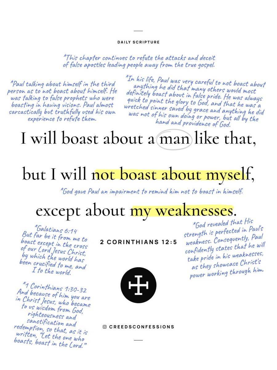 CreedConfession's tweet image. I will boast about a man like that, but I will not boast about myself, except about my weaknesses.
– 2 Corinthians 12:5