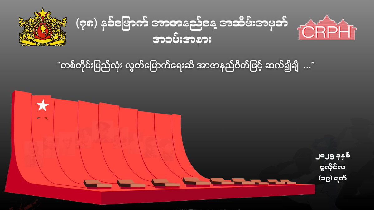 CrphMyanmar's tweet image. 78th Commemorative Ceremony of Martyrs Day is ongoing by @CrphMyanmar and @NUGMyanmar. Live streaming can be watched via our Facebook pages.
#MartyrsDay