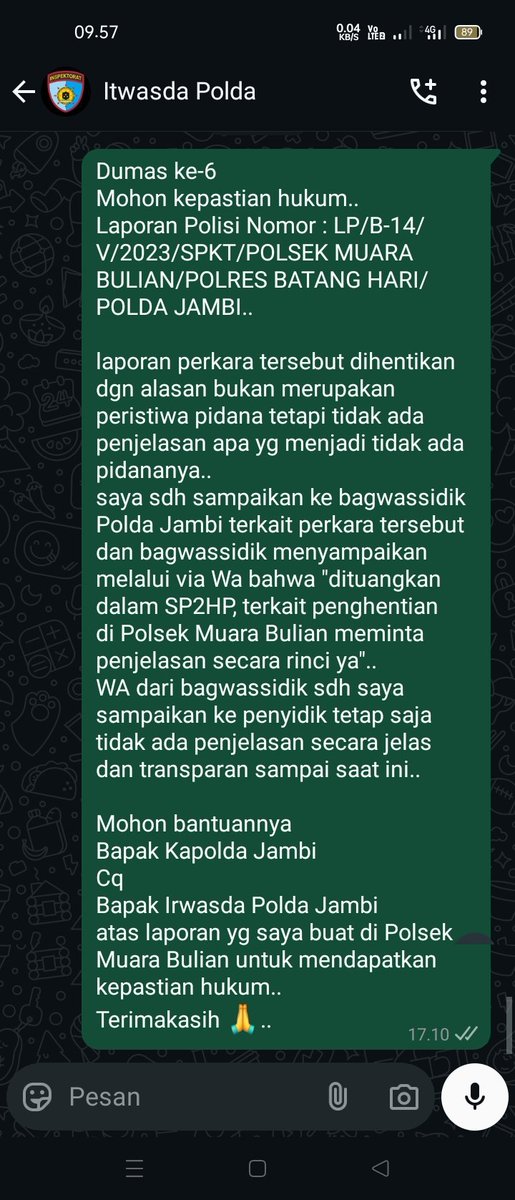 rianwahyu1982's tweet photo. @polda_jambi mohon bantuannya Bapak Kapolda Jambi atas laporan yg saya buat di Polsek Muara Bulian untuk mendapatkan kepastian hukum.. https://t.co/ZSM5d7P9cH