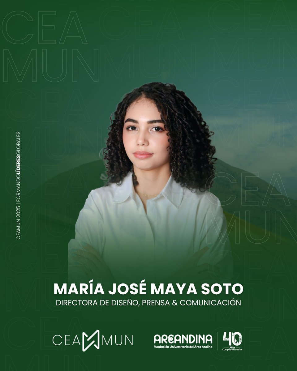 CEA_MUN_'s tweet photo. Hola 👋 a todos me presento soy María José Maya Soto 🙋‍♀️ y este año seré su DIRECTORA DE DISEÑO, PRENSA &amp; COMUNICACIONES en #CEAMUN2025 y estoy muy emocionada de acompañarlos en este camino.
.
.
#FormandoLideresGlobales 🌎 #ModeloONU #onucolombia #areandina #modelodenacionesunidas https://t.co/J97tffVKM1