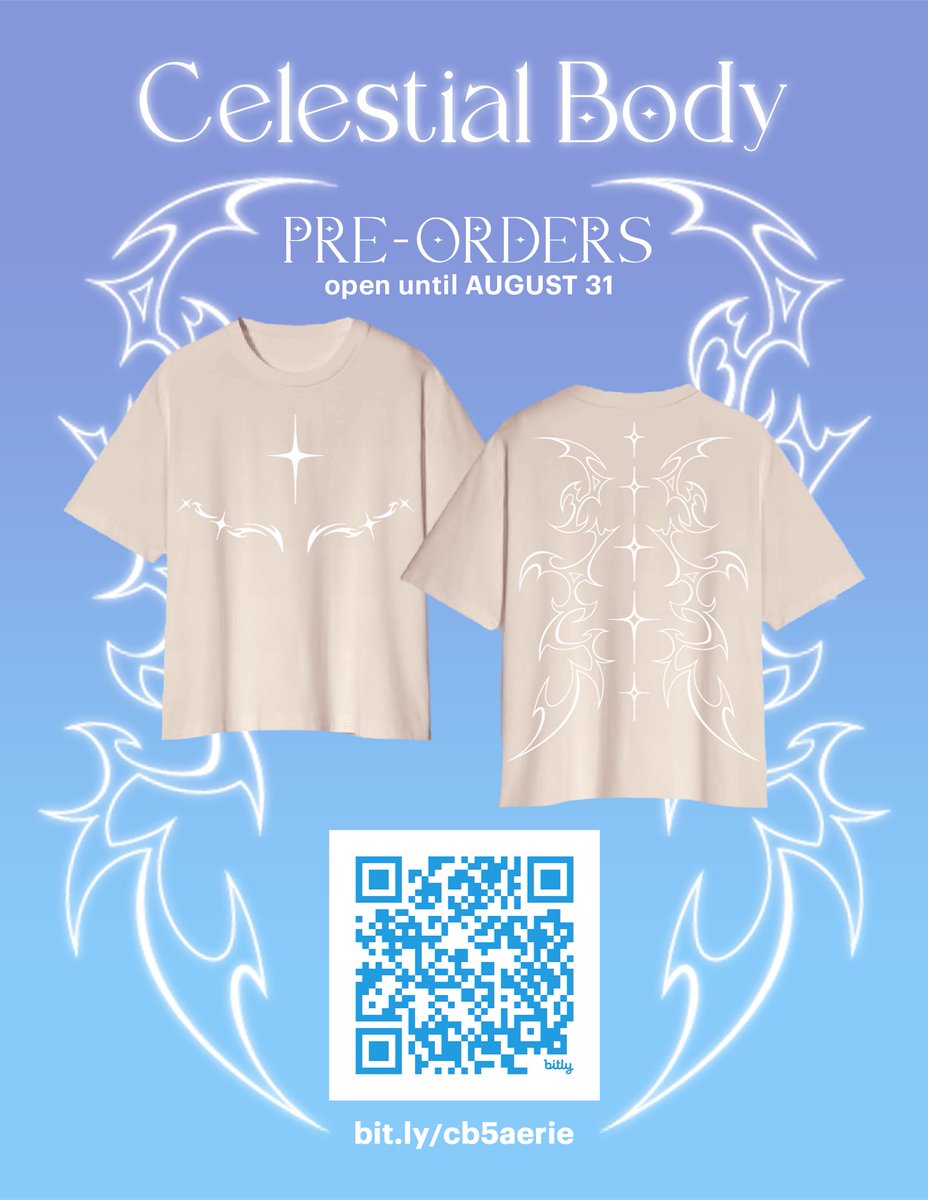 cinnadrop's tweet image. in addition, @bunbearie &amp; i are opening up pre orders for our new shirt design called celestial body !! more info can be found in the QR code &lt;3
