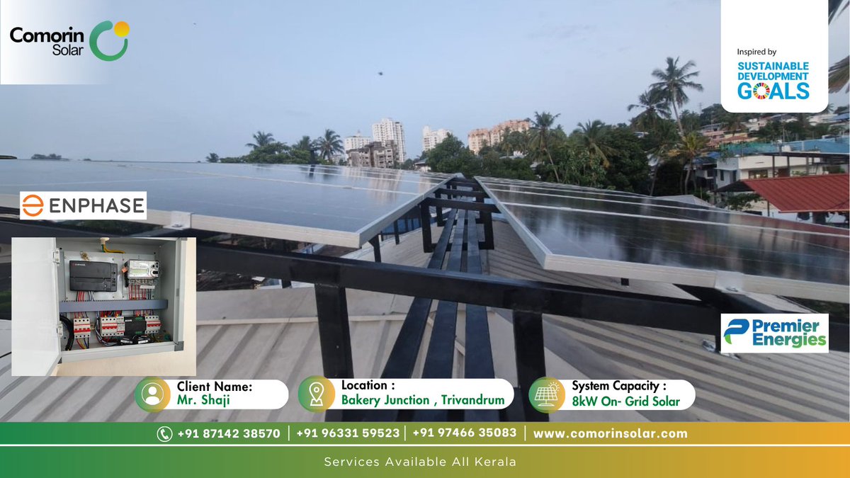 COMORINSOLAR1's tweet image. Customer Name : Mr. Shaji, Bakery Junction, Trivandrum
👉 Project Specification — 8KW On-Grid Solar Plant
👉 Inverter — Enphase India Micro Inverter
👉 Solar Panel — Premier Energies 590WP Panel 

#energy #EnergyStorage #netzero #solarpower #solarsystem #ClimateAction #Kerala