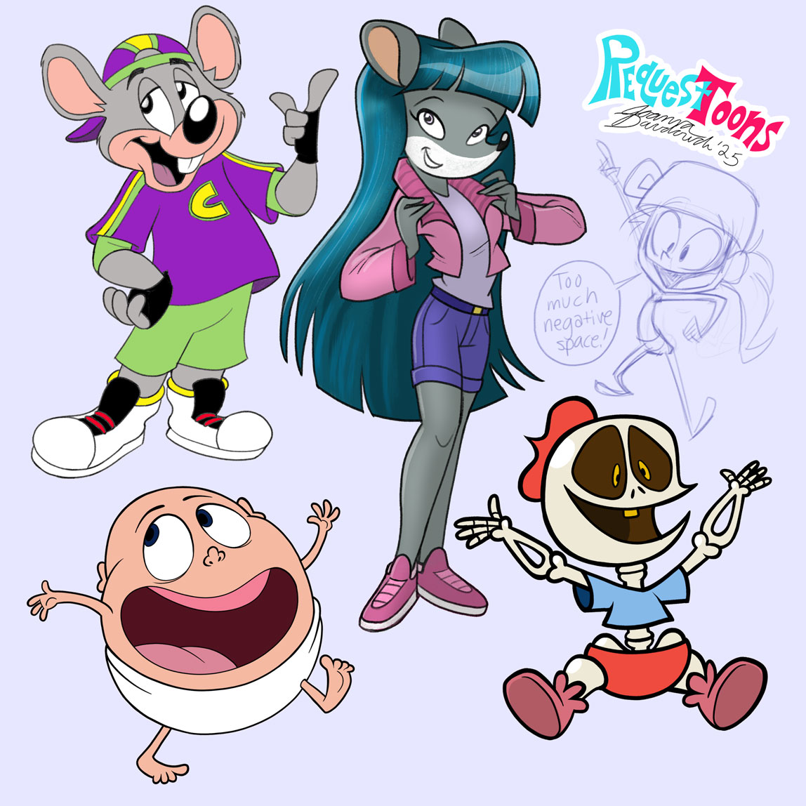 JoTheZette's tweet image. The requests/commissions are completed! Here's Violet from #TheaStilton, #ChuckECheese, Big Fat Baby from #Histeria, and a baby Jaques LaLean from #Beetlejuice the animated series. Next stream will be before the end of the month, announcement coming once I get my ducks in a row!