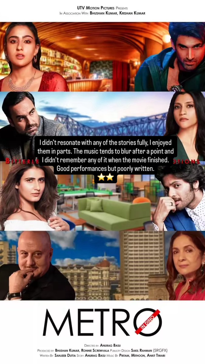 #MetroInDino I didn’t resonate with any of the stories fully, I enjoyed them in parts. The music tends to blur after a point and I didn’t remember any of it when the movie finished. Good performances but poorly written.
⭐️⭐️