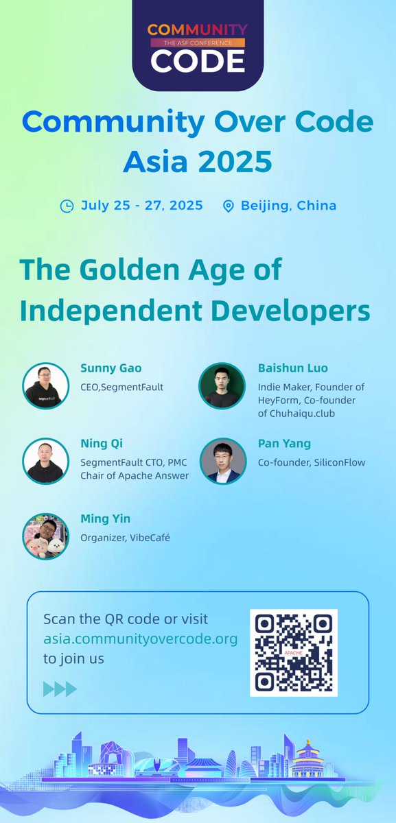 ericyangpan's tweet image. 🚀 Excited to join Community Over Code Asia 2025 in Beijing!
🗓 July 25–27
🎙 I’ll speak on The Golden Age of Independent Developers alongside amazing builders from SegmentFault, HeyForm, and VibeCafé.
@GaoYangSunny @joyqi @LuoSays @kalasoo 
🔗 asia.communityovercode.org…
