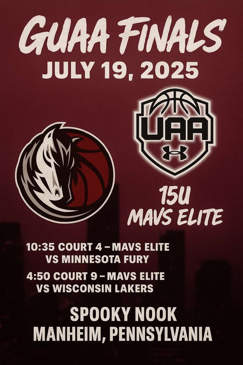 Ryleigh Davis (@4_ryleighdavis) on Twitter photo Mavs Elite 15U GUAA Finals π₯
July 19th
πSpooky Nook, Manheim PA
π₯ 10:35AM vs Minnesota Fury (Court 4)
π 4:50PM vs Wisconsin Lakers (Court 9)
Letβs handle business. #GUAAFinals #MavsElite #ChampionshipHunt <a href="/CLiv3402/">Caleb Livingston</a> <a href="/CoachAlexWiggs/">Alex Wiggs</a> <a href="/AYSABasketball/">AmericanYouthSportsAssociation (AYSA)</a> <a href="/JrAllStar_MO/">Missouri Jr. All-Star Basketball</a> <a href="/pd_skillz/">Mavs Elite GUAA</a> Mavs Elite 15U GUAA Finals π₯
July 19th
πSpooky Nook, Manheim PA
π₯ 10:35AM vs Minnesota Fury (Court 4)
π 4:50PM vs Wisconsin Lakers (Court 9)
Letβs handle business. #GUAAFinals #MavsElite #ChampionshipHunt <a href="/CLiv3402/">Caleb Livingston</a> <a href="/CoachAlexWiggs/">Alex Wiggs</a> <a href="/AYSABasketball/">AmericanYouthSportsAssociation (AYSA)</a> <a href="/JrAllStar_MO/">Missouri Jr. All-Star Basketball</a> <a href="/pd_skillz/">Mavs Elite GUAA</a>