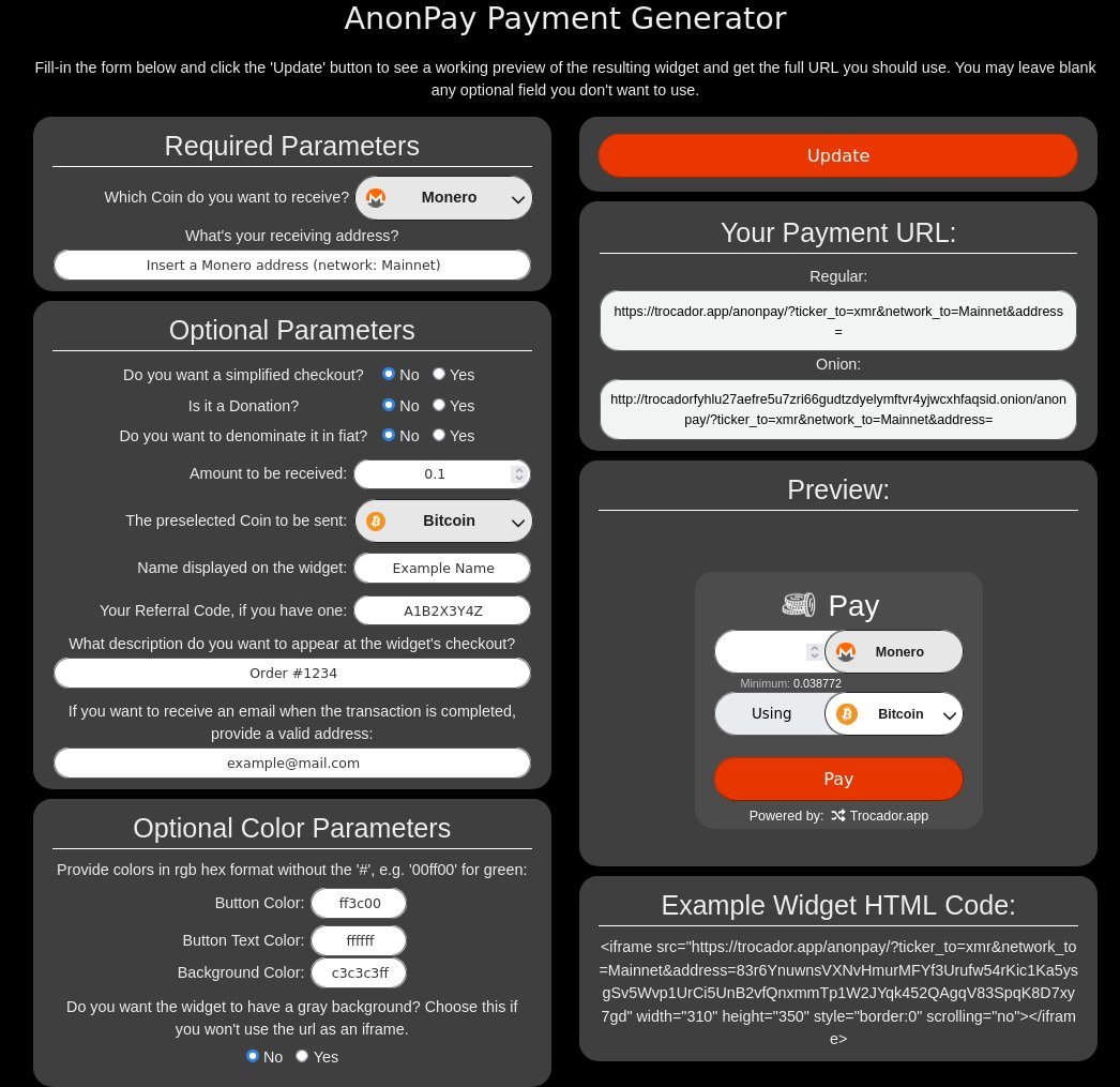 CR1337 (@cryptonator1337) on Twitter photo If you are selling goods or services online and are looking for an easy way to accept payments in XMR (or other cryptocurrencies) check out the AnonPay feature from <a href="/TrocadorApp/">TrocadorApp</a>.
Used it many times this year, works absolutely flawless.
Also allows you to say what currency you If you are selling goods or services online and are looking for an easy way to accept payments in XMR (or other cryptocurrencies) check out the AnonPay feature from <a href="/TrocadorApp/">TrocadorApp</a>.
Used it many times this year, works absolutely flawless.
Also allows you to say what currency you