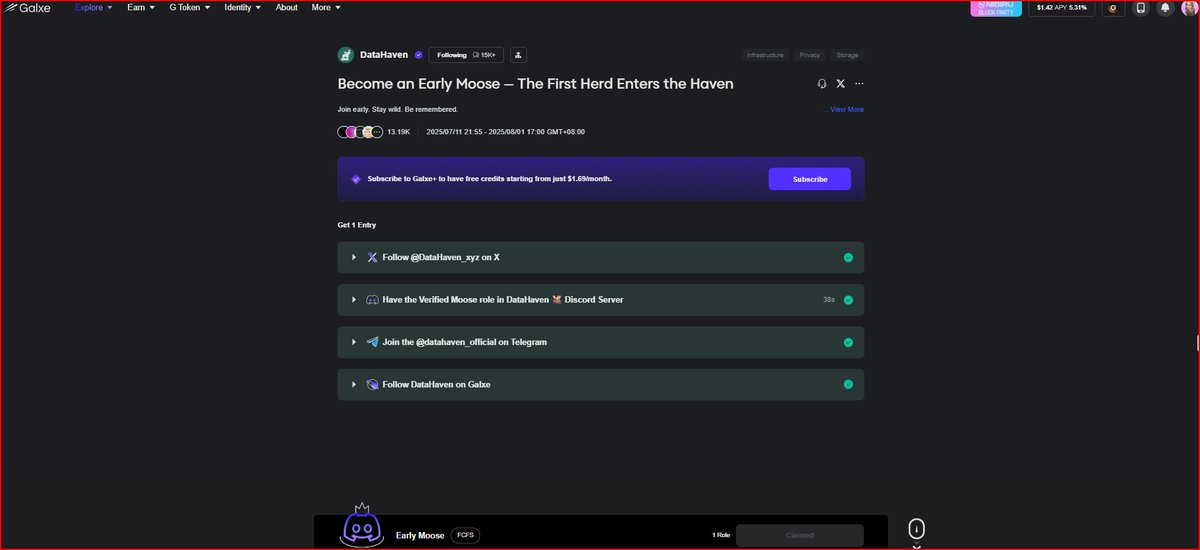 Jj | 🐞 $GAME ❤️ Xally | TAP🚰 (@punkyyysensei) on Twitter photo Become an Early Moose — The First Herd Enters the Haven <a href="/DataHaven_xyz/">DataHaven 🫎</a>
✅ Complete the task app.galxe.com/quest/NV3497bg…
• Claim "Early Moose" Role Become an Early Moose — The First Herd Enters the Haven <a href="/DataHaven_xyz/">DataHaven 🫎</a>
✅ Complete the task app.galxe.com/quest/NV3497bg…
• Claim "Early Moose" Role