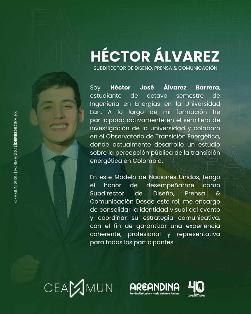 CEA_MUN_'s tweet photo. 👋 a todos me presento soy Héctor José Álvarez Barrera 🙋‍♂️y este año seré su SUBDIRECTOR DE DISEÑO, PRENSA &amp; COMUNICACIONES en #CEAMUN2025 y estoy muy emocionado de acompañarlos en este camino
.
.

#FormandoLideresGlobales 🌎 #ModeloONU #onucolombia #areandina #mun https://t.co/rgc5pwfsYy