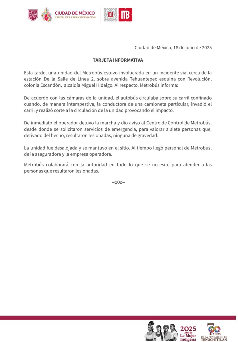 AnitaLomeli's tweet image. 🚨 Esta tarde, una unidad de #Metrobús en Línea 2 se vio involucrada en un incidente vial cerca de la estación De la Salle.
7 personas resultaron lesionadas, ninguna de gravedad.
@MetrobusCDMX colabora con autoridades y aseguradora para su atención.