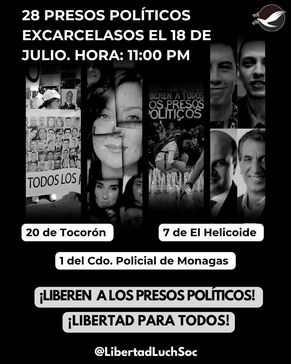 ACTUALIZACIÓN | #18Julio | 11:00 PM | Hay nuevas excarcelaciones de presos políticos:
- 20 de Tocorón
- 7 de El Helicoide
- 1 del Cdo. Policial del Estado Monagas. 
28 presos políticos que dormirán hoy fuera de la cárcel. Aún faltan. Atentos. Exijamos #LiberenALosPresosPoliticos