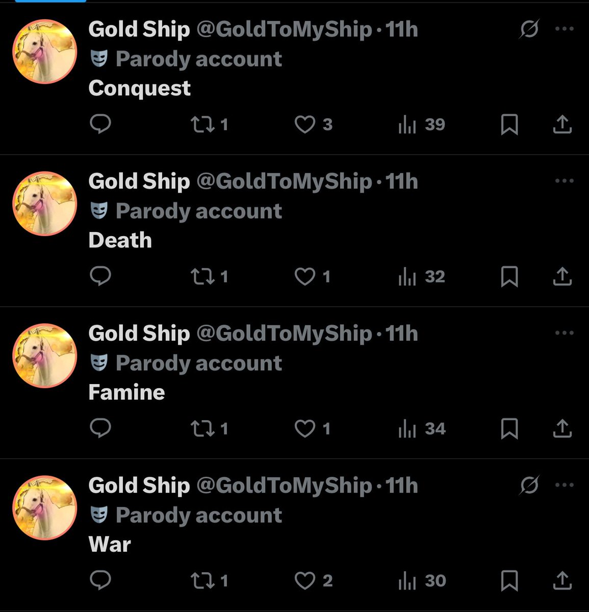 GoldToMyShip's tweet image. Conquest voted the favorite of the four horsemen