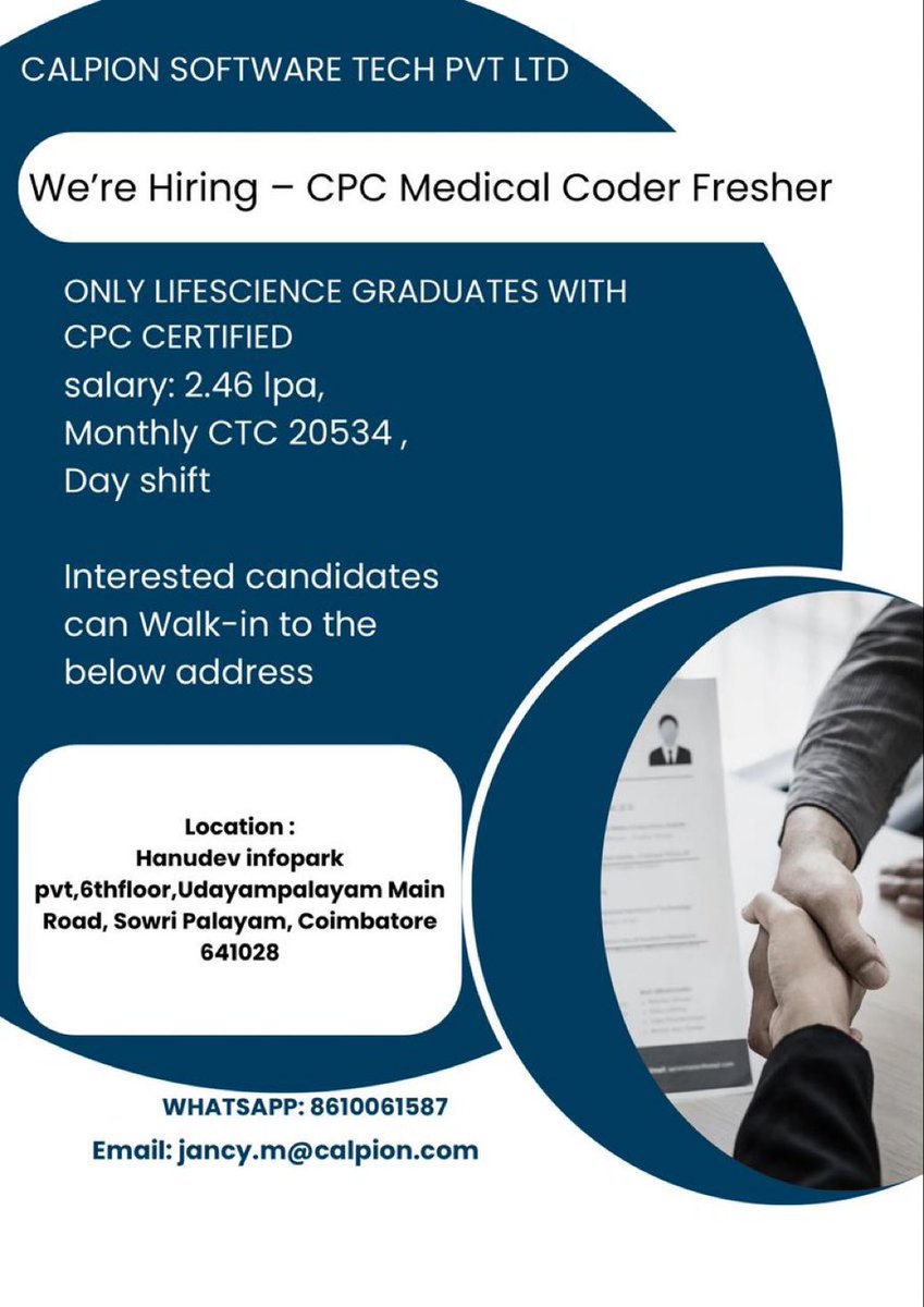 21sparksacademy's tweet image. கோயம்புத்தூரில் Fresher-க்கு வேலைவாயப்பு அறிவிப்பு.

COC Medical Code Fresher .

#Jobs #Coimbatore #Fresher #Opportunity
