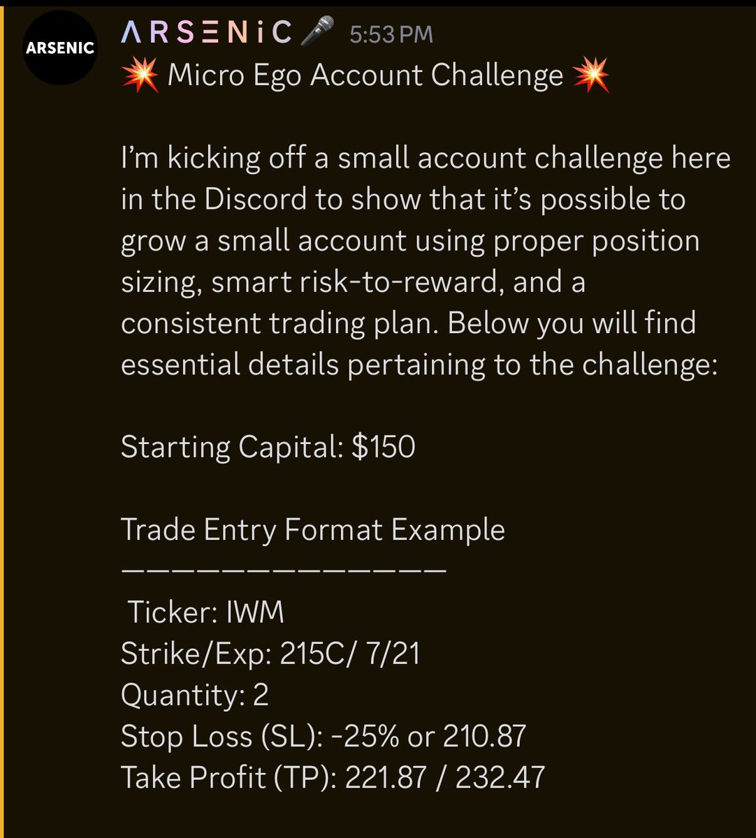 ARSENICTrades's tweet photo. Kicking off the small account challenge this week! The best part, it’s totally free!

Click the link to join the challenge and get 30 days free! 

https://t.co/7qwOJMrjWV

#IWM #SPY #OPEN #QQQ #OPTIONSTRADING https://t.co/2i3ltxRdEw
